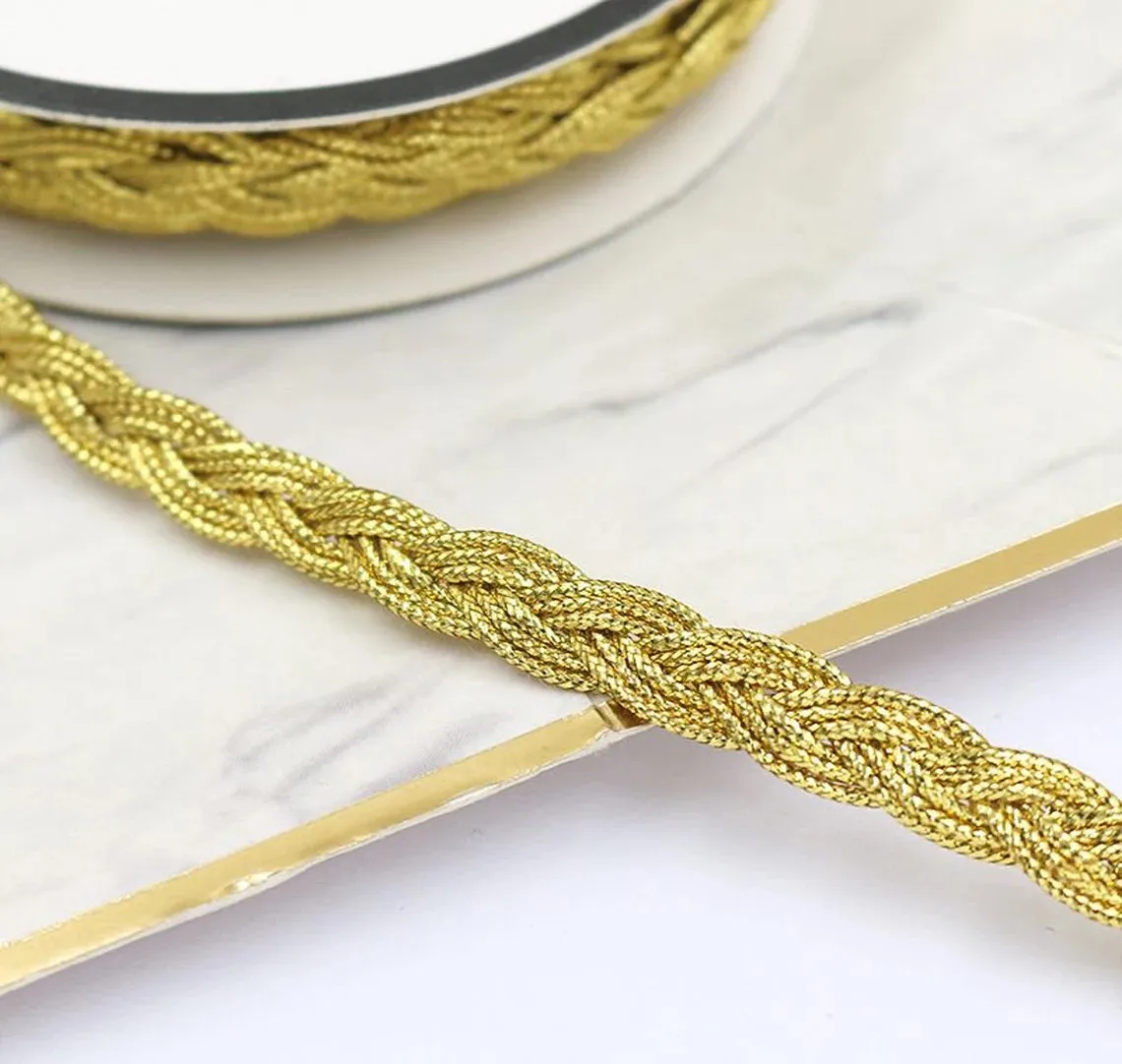 3yds Gold Silver Metallic Wrapped Polyester Ribbon Plaited Narrow Braid Sewing Trim 8mm Width Braided Tape Border