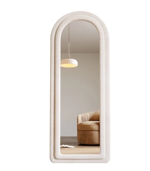 Factory direct BSCI arch modern decor 60x160cm beige fabric MDF wood wall floor mirror for home