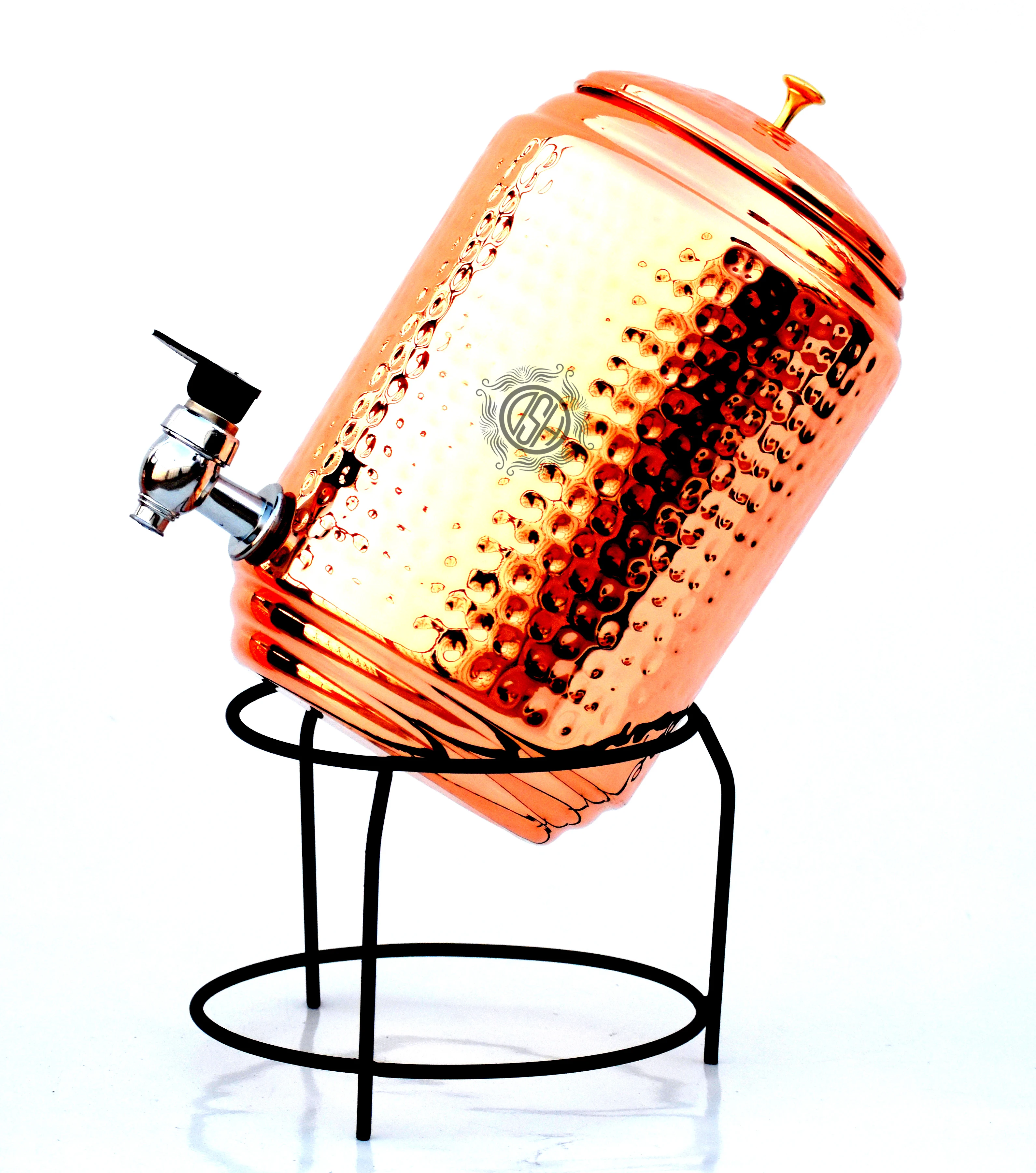 Wholesale Hammered Finished Pure Copper Water Dispenser Drinking Accessories With Glass & Stand Water Capacity 5 LTR Water Tank.