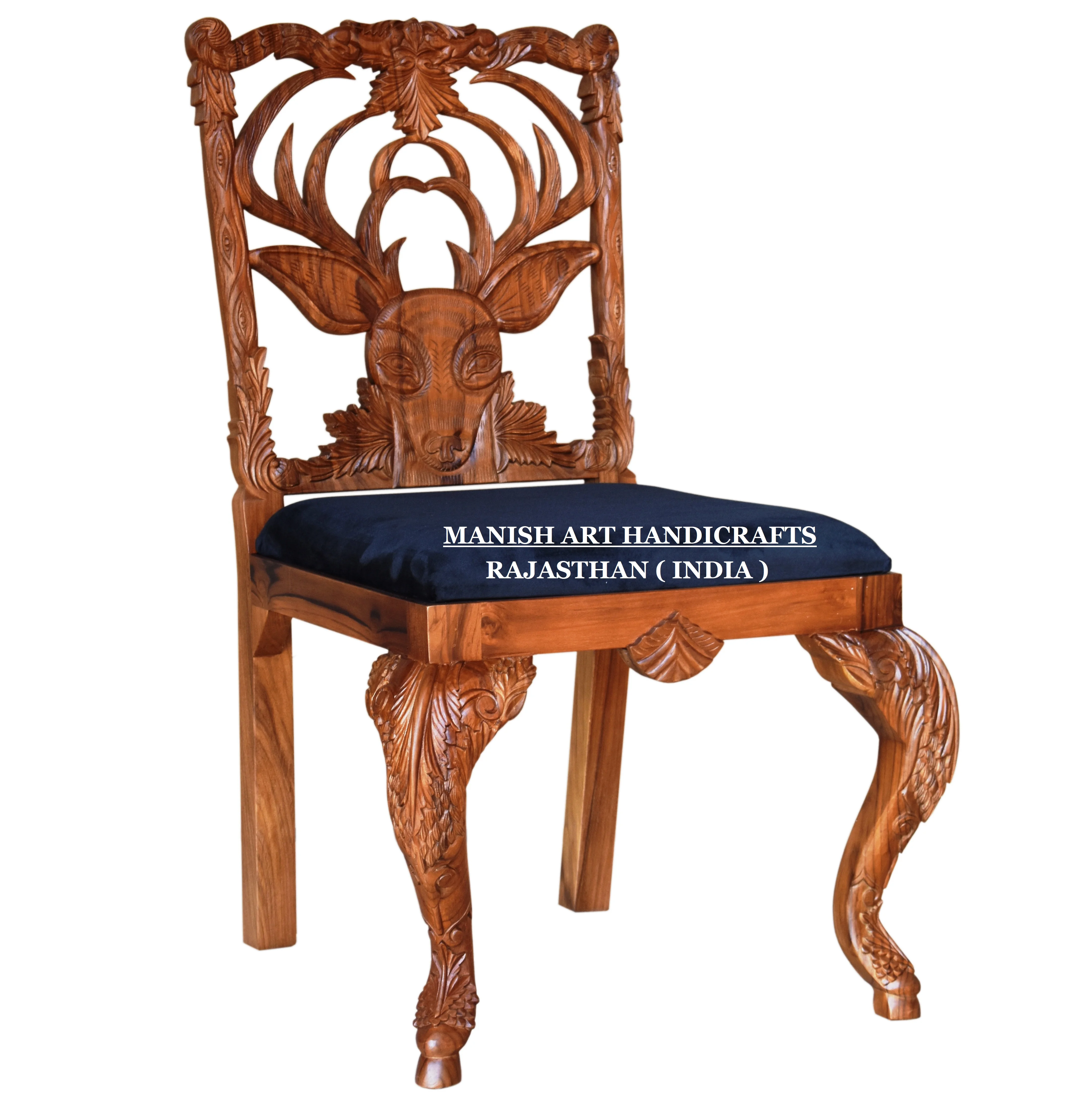 modern luxury vintage antique royal living room indian dining furniture wooden hand carved menagerie deer armless dining chair