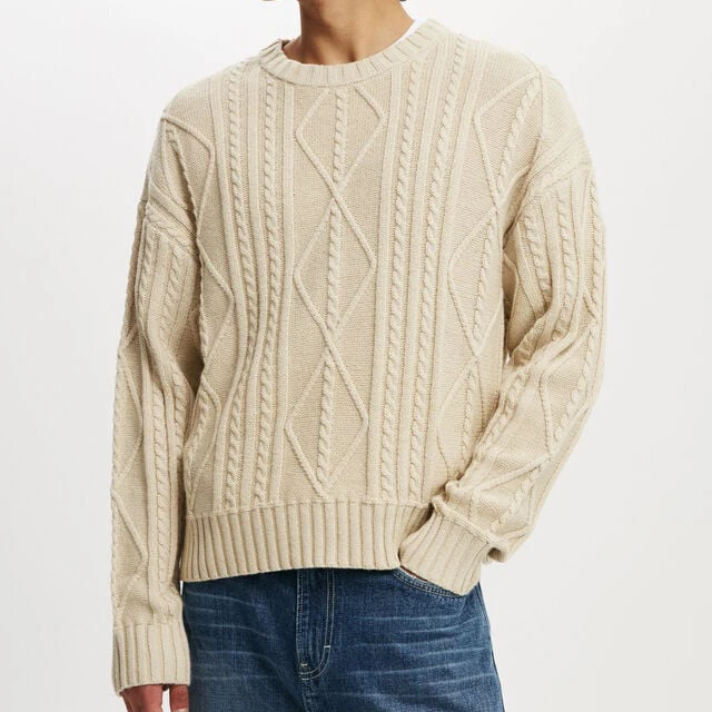 High Quality Winter Cotton Chunky Custom Logo Crew Neck Men Cable Knit Jumper Pullover Knitwear Sweater For Men