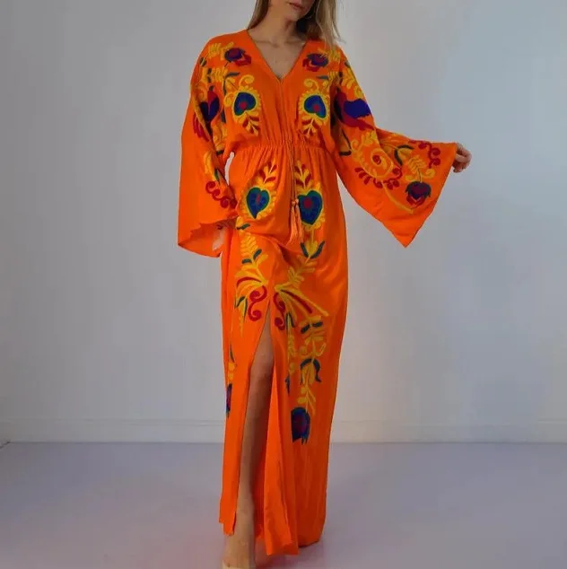 New Design Summer Resort Wear Floral Thread Embroidery Vintage Long Sleeve Floor Length Kaftan For Women Gift For Her