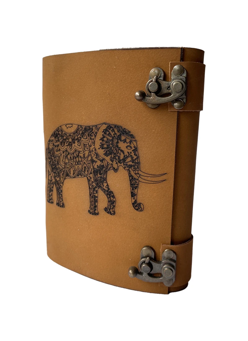 Elephant Design Laser Printed Genuine Leather Journal Softcover A5 Handcrafted Vintage Deckle Paper Diary with Two Brass C Locks