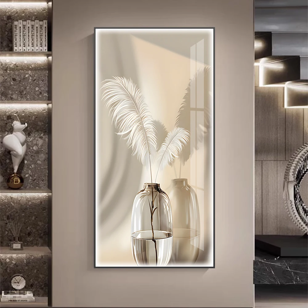 Luxury Home decor HD Canvas painting White feather crystal porcelain wall art with LED lights hanging paintings