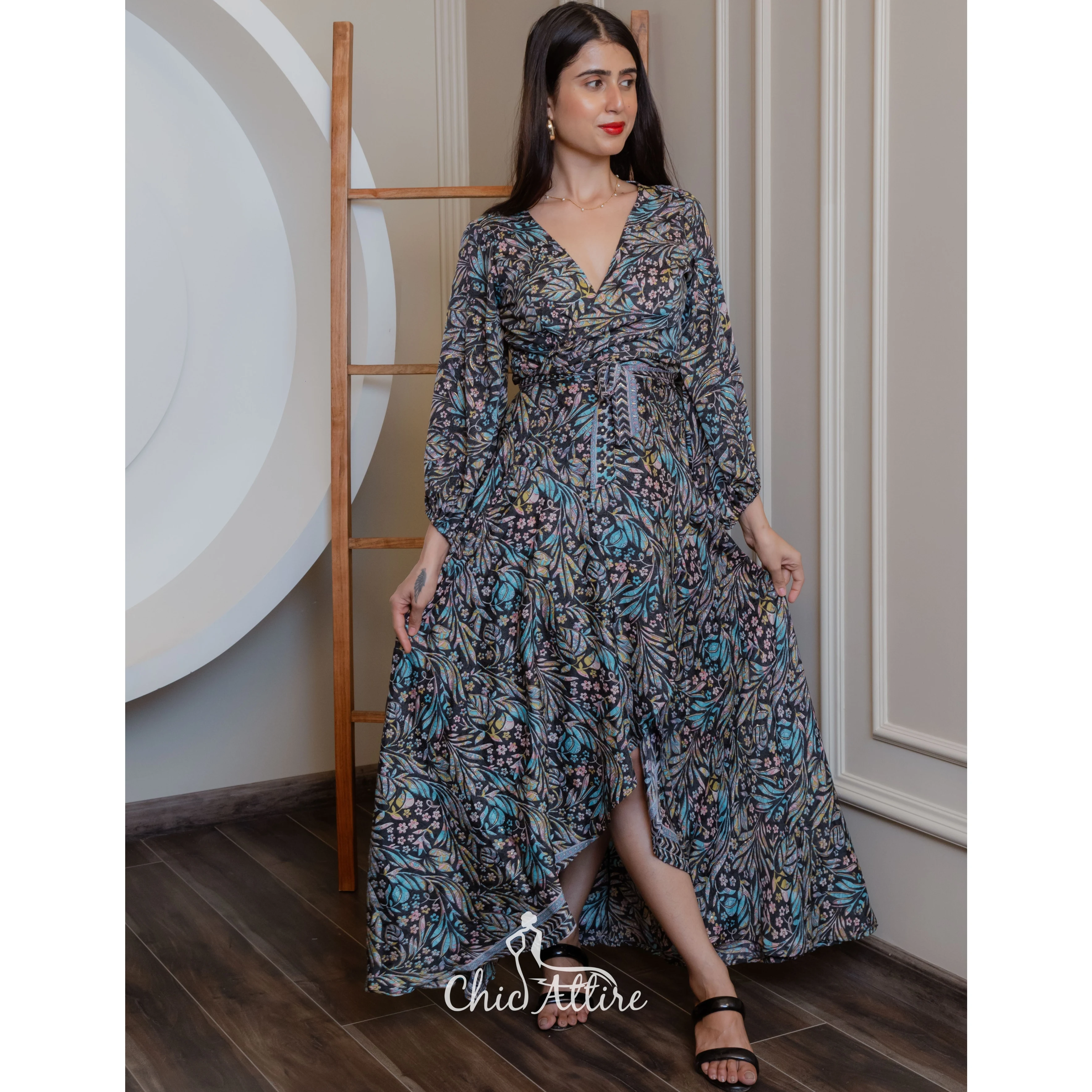 Elegant Bohemian Maxi Dress with V-Neck Peacock Feather Print Cinched Natural Waist Flowy Sleeves for Sophisticated Style