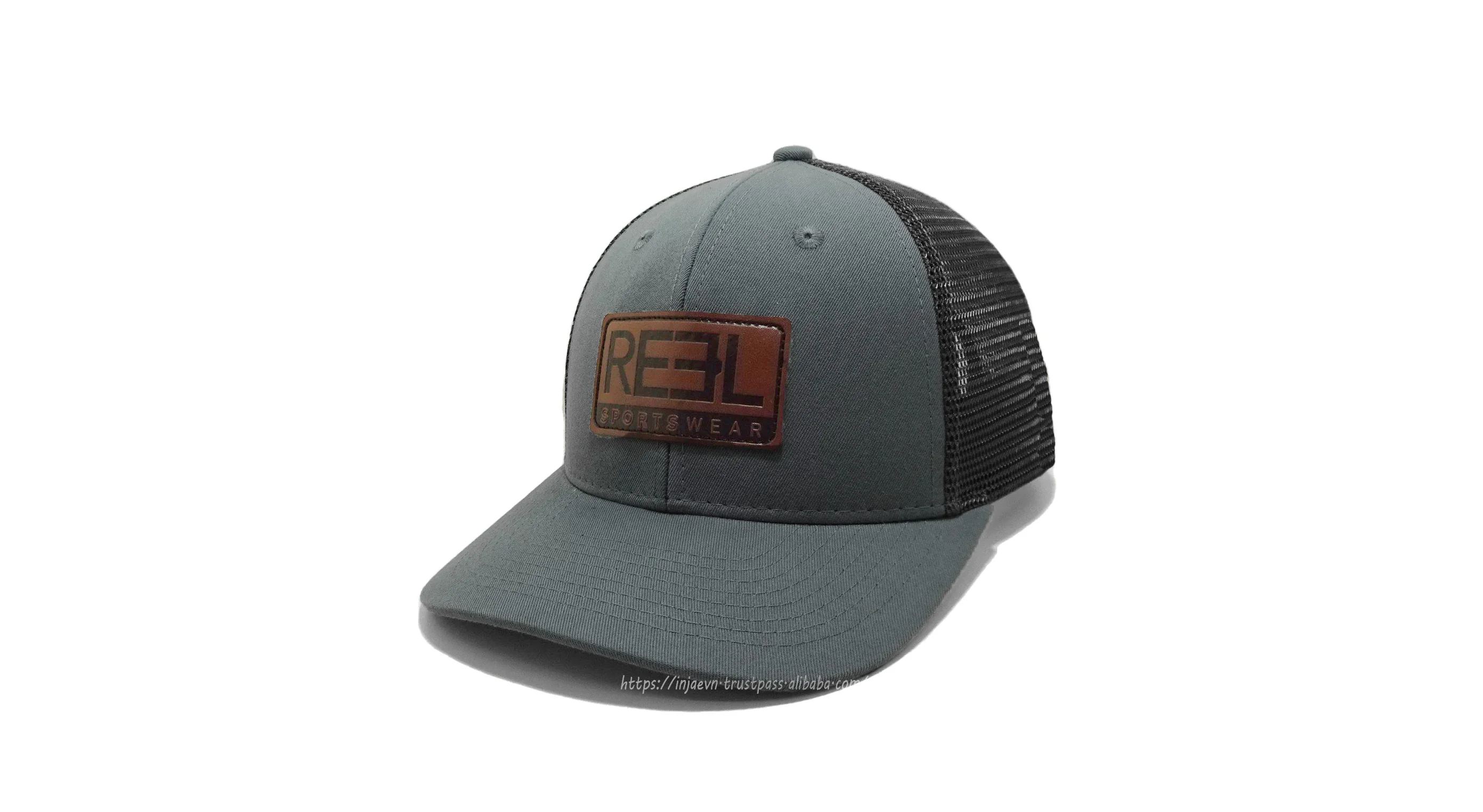 Custom Real Leather Patch Embossed Trucker Hats 6 Panel Solid Color Snapback Mesh Cap Injae Vina Factory Trucker Sport Caps