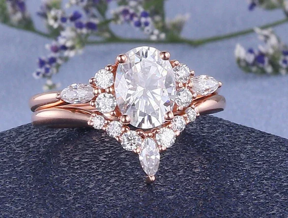 1 CT Oval Cut Rose Gold 925 Sterling Silver Moissanite Diamond Studded Bridal Promise Ring Set for Sale