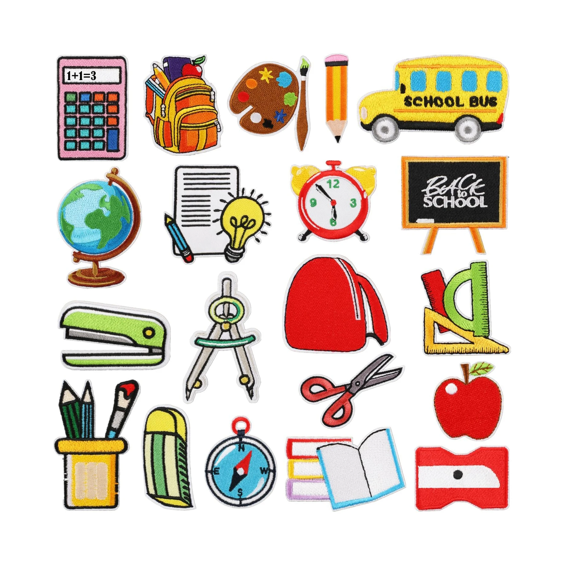 17 pcs Set of  School Season Stationery Embroidery Patch School Bus Bookbag Decoration Patch for DIY Sewing Iron on Patch