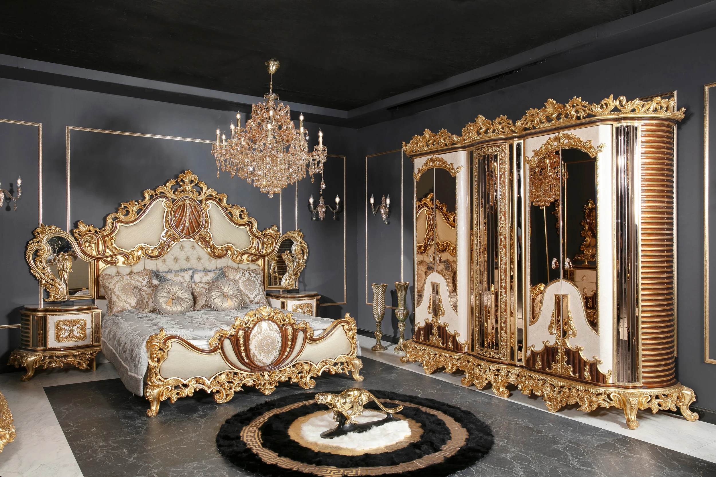 Turkish Middle East Eastern Luxury Antique Royal Hand Carved Bedroom Furniture Classical Meuble White Gold Most Popular Bed Set
