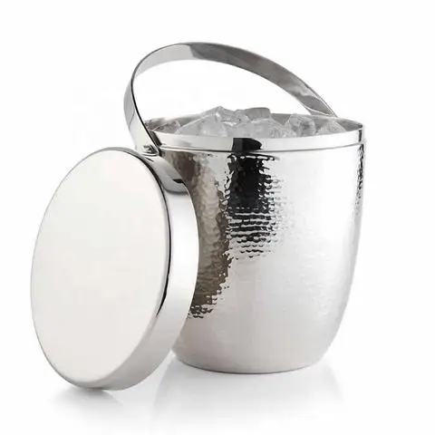 Hand Hammered Design Ice Bucket Bowl With Handle For Table Top Hotel Restaurant Bar Use Shiny Ice Bucket