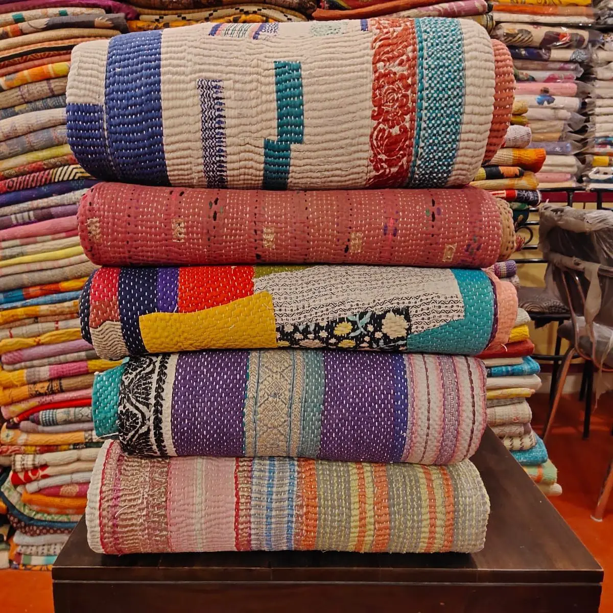 Wholesale exquisite Indian vintage Kantha quilts! Handcrafted recycled saris, patchwork blankets are stunning throws