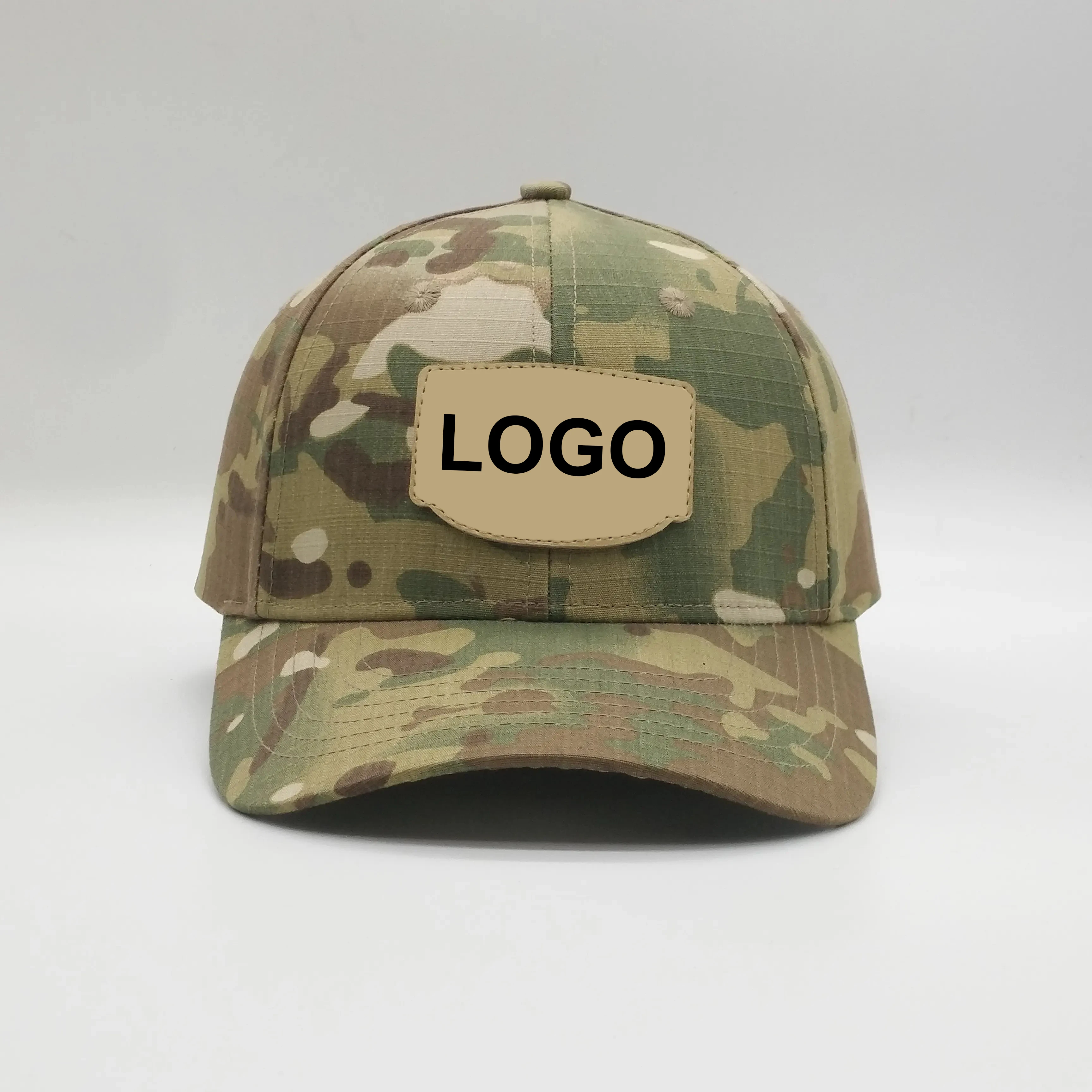 High Quality Wholesale Custom Cheap 6 Pane Structured Ripstop Tactical Camo Faux Leather Patch Magic Tape Closure Baseball Hat