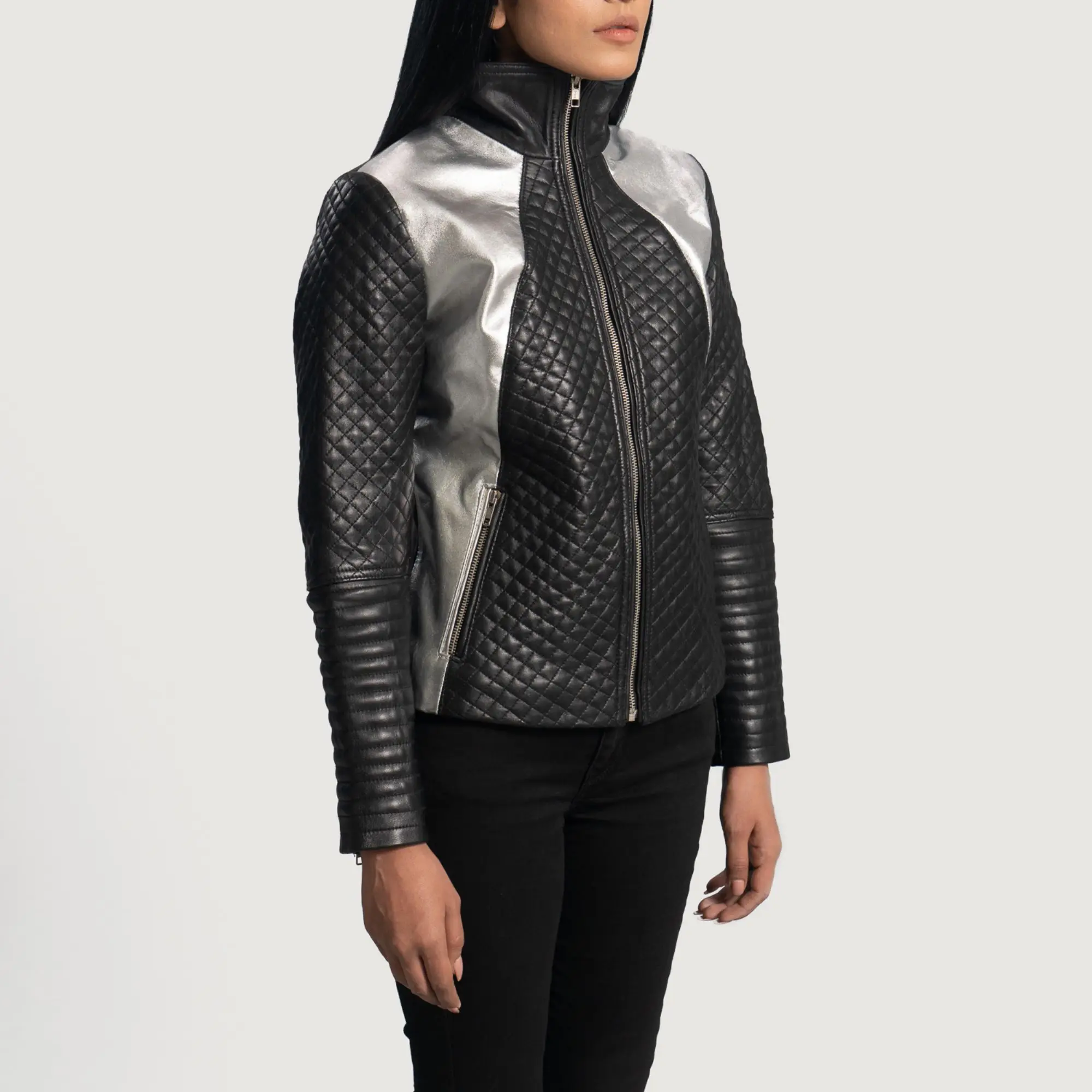 Real Leather Sheepskin Aniline Zipper Alia Metallic Black Women Biker Jacket with Quilted Viscose Lining and Inside Outside Pock