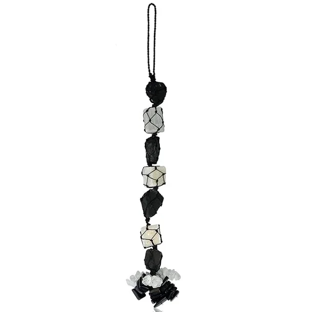 Selenite With Black Tourmaline Tumbled Hanger Handmade Thread Cage Tumbled Stone  Feng Shui Style Hanger For Car & Home Decor