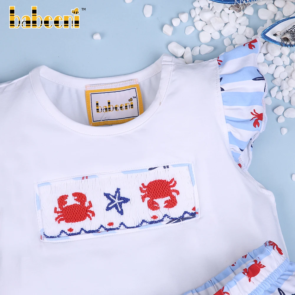 Smocked crab pattern and starfish girl short set ODM wholesale smocked children clothing - BB1893