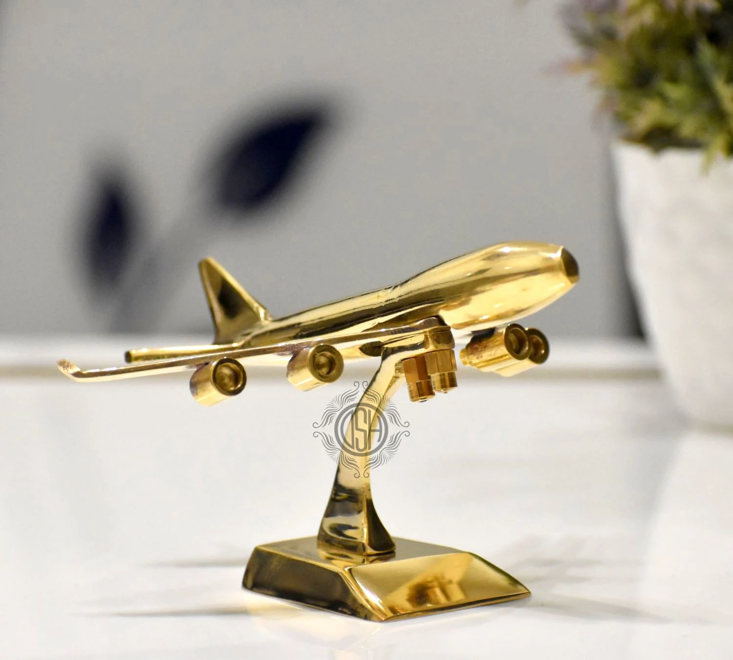 New Design Brass Jet Plane On Stand Table Top Decorative Showpiece for Home Decor & Office Table and Gifting.