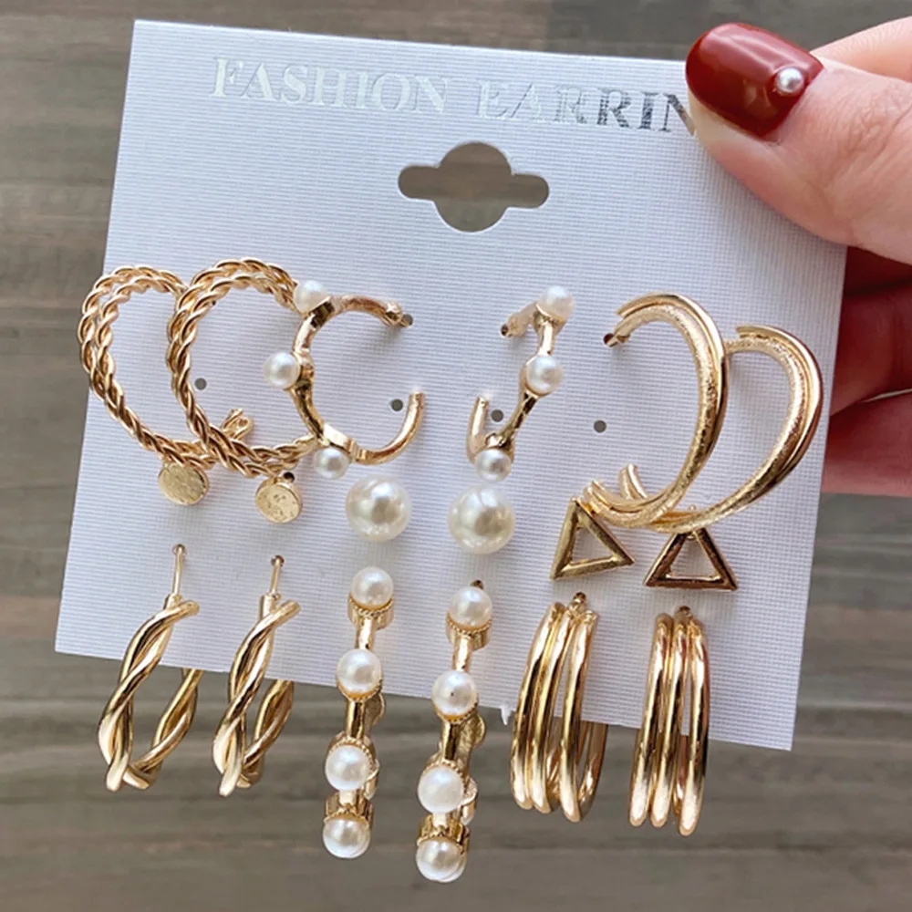 Vintage Gold Silver Color Metal Chain Hoop Earrings Set For Women Fashion Pearl Circle Hoop Earrings 2022 Trend Jewelry /