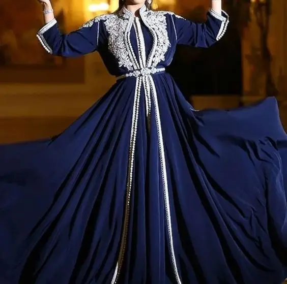 royal blue velvet dress moroccan caftan silver hand embroidery on it rhinestone silk thread work