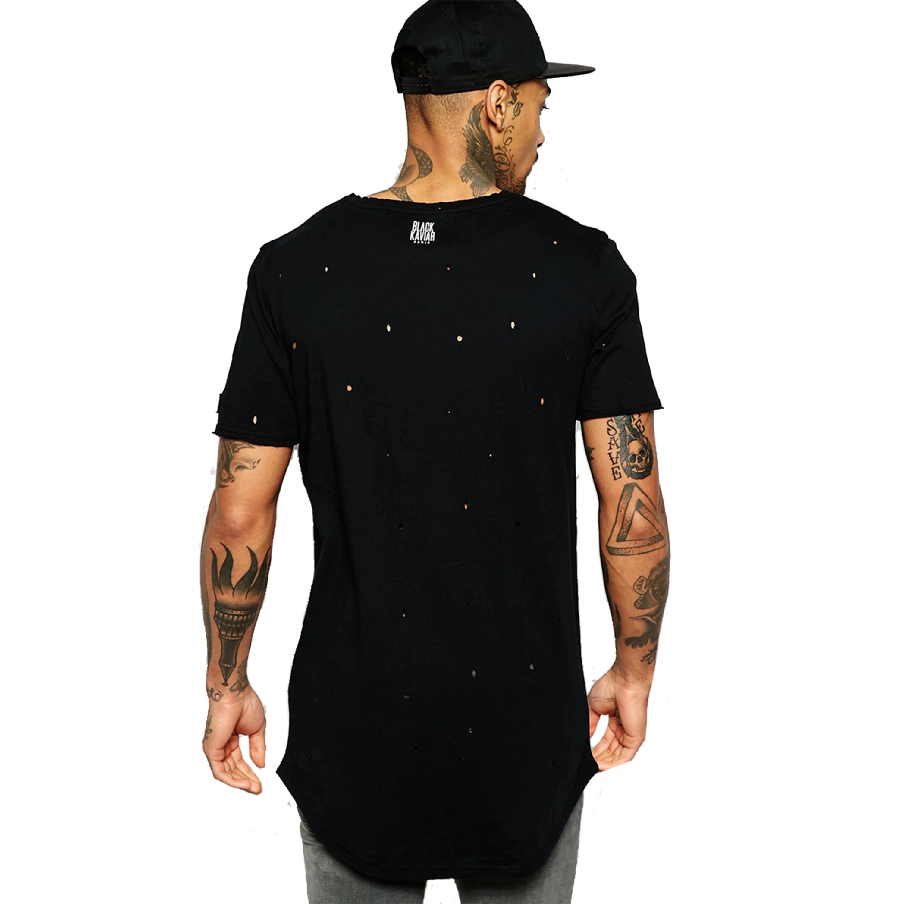 Customized regular fit baseball collar zip placket curved hem long line men t shirt with distressing embroidered tee