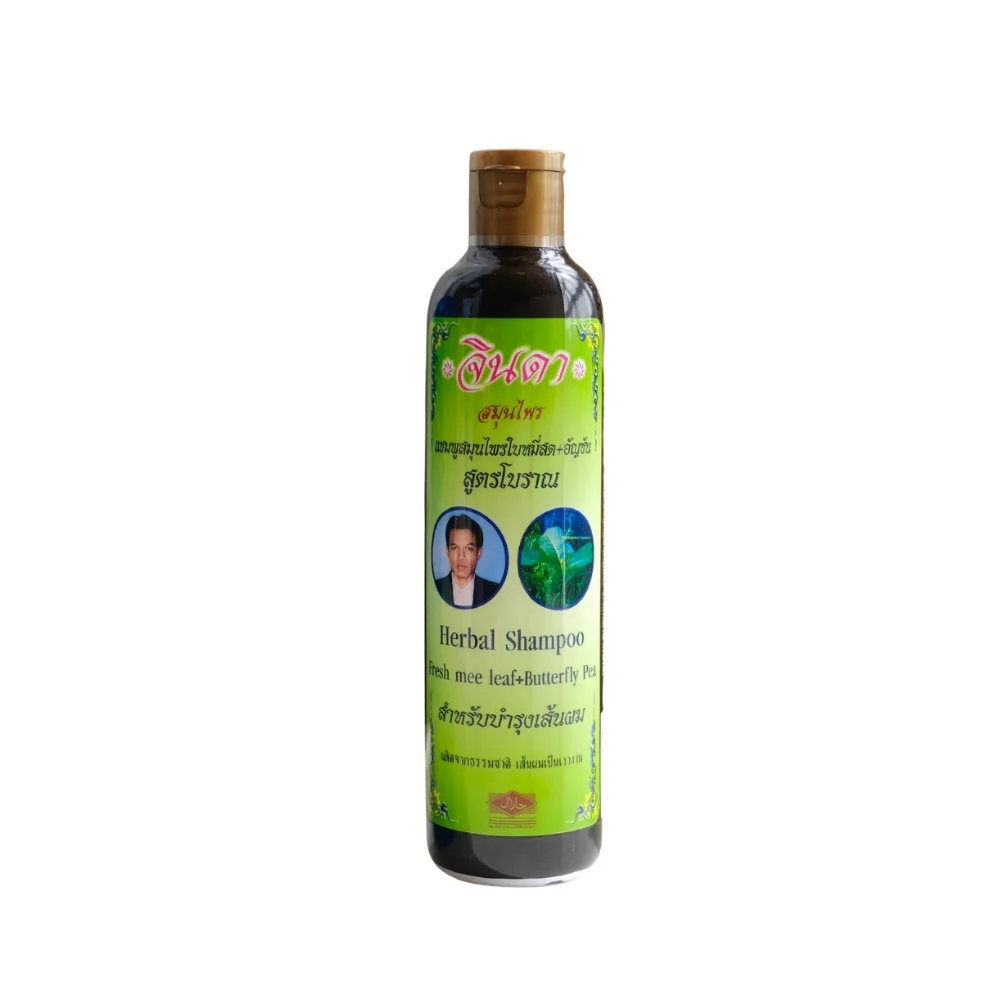 JINDA Herbal Hair Loss Prevention Shampoo 250ml Infused with Anthocyanin for Stronger Hair with Mee Leaves & Butterfly Pea