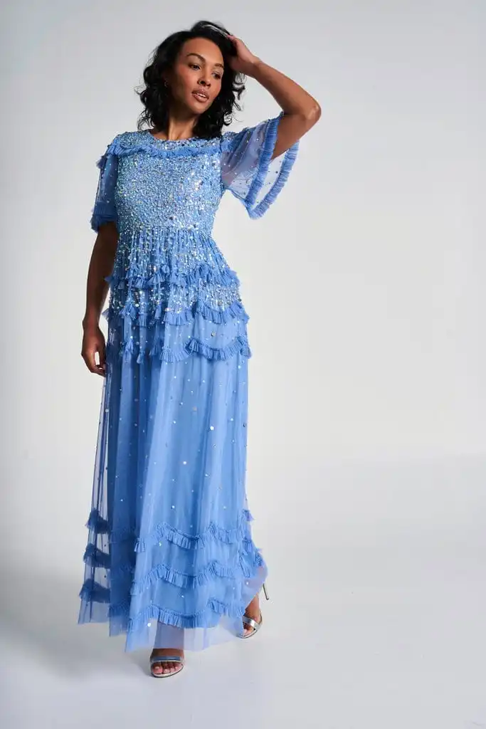 Platinum BLUE Gatsby Miss Fisher 1920s Flapper Beaded Party Wedding Dress Elegant Long Skirt with Embellished Detail Plus SZ