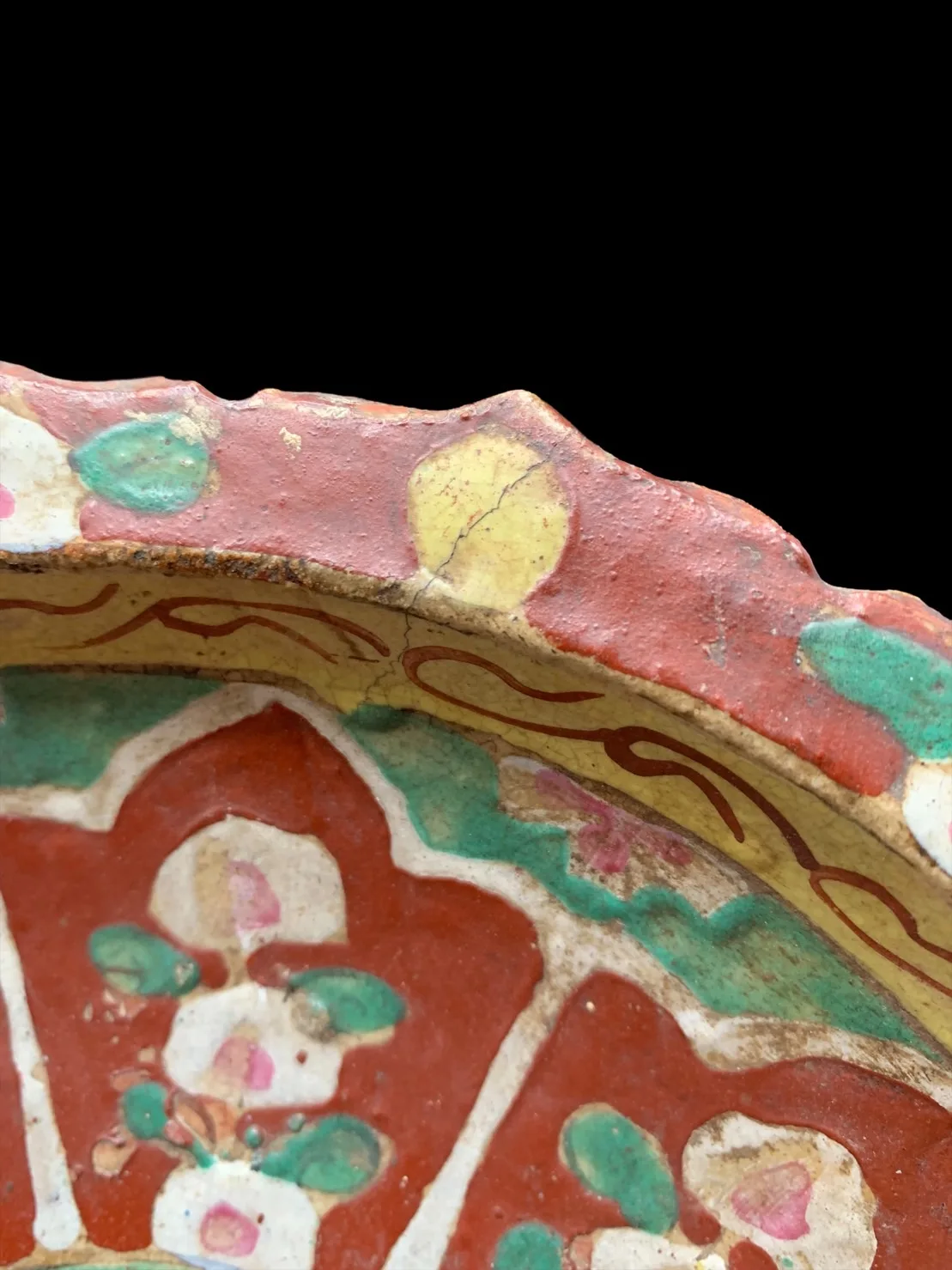 Antique Benjarong Ceramic Stem Dish Decorated With A Floral Design With In Lotus - Petal Shape Panels On Red Ground For Collect