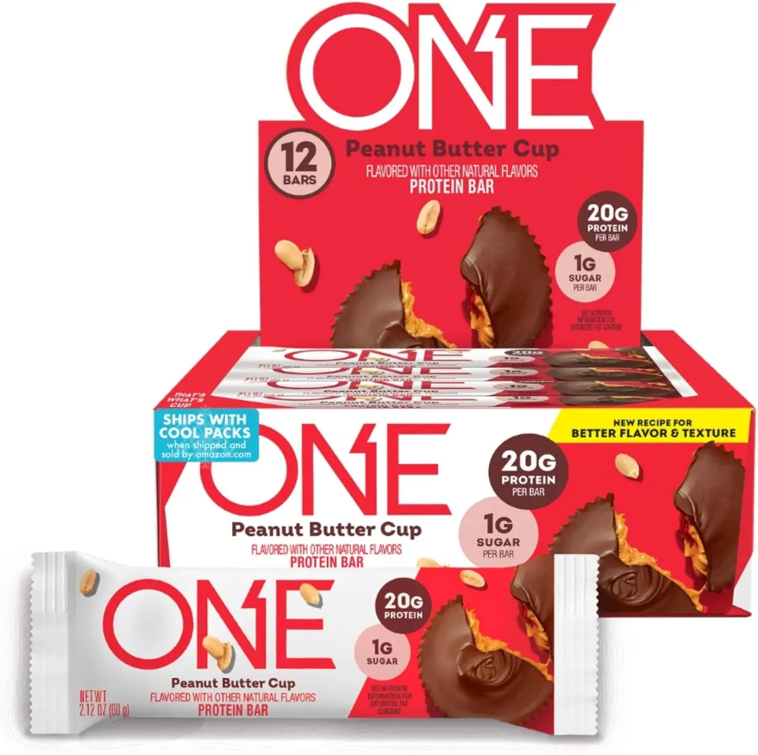 ONE Protein Bars, NEW Recipe Peanut Butter Cup, Gluten Free Protein Bars with 20g Protein and 1g Sugar, 2.12 oz 12 Count