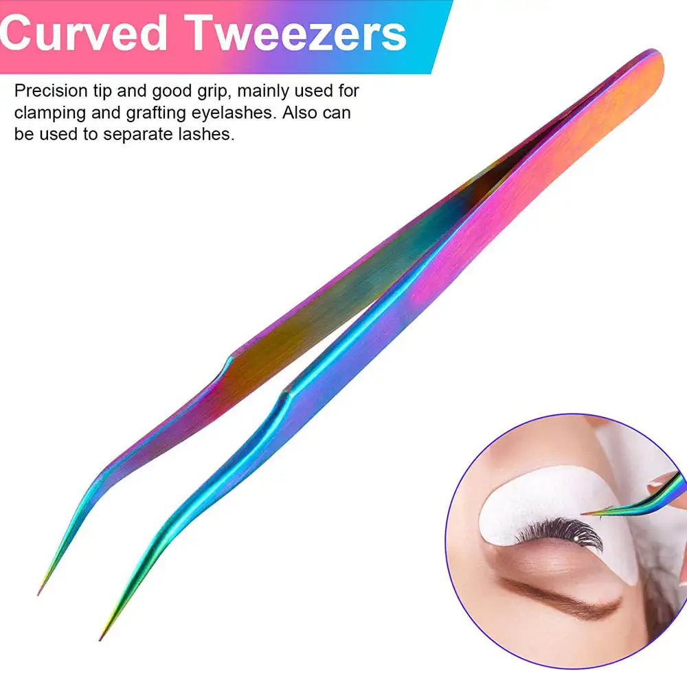High Quality Stainless Steel Eyelash Tweezers Multi-Color Plasma Pointed 90 Degree Fiber Tip Private Labeled Beauty Applicator