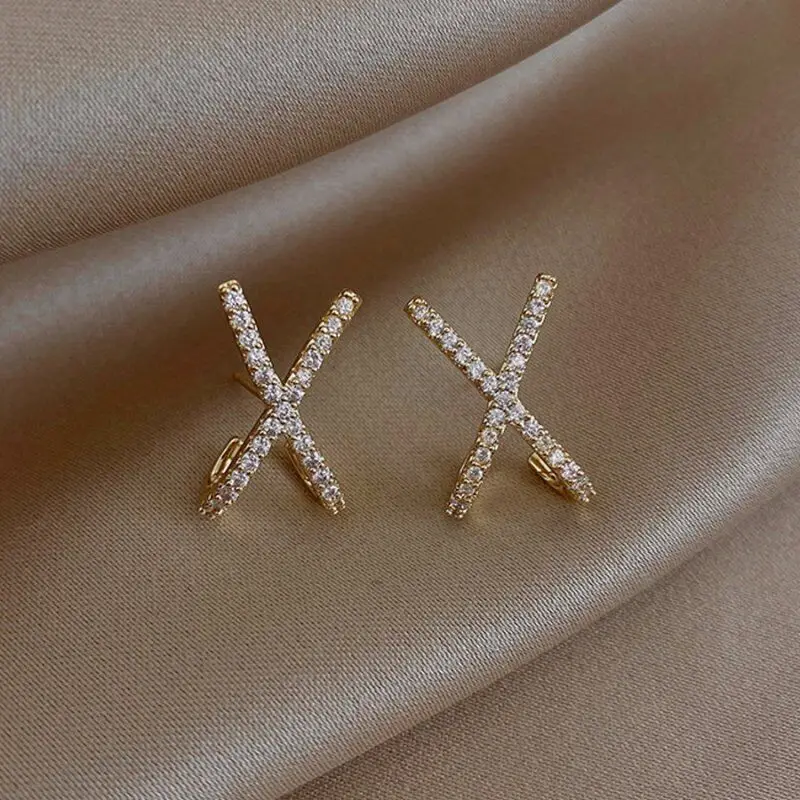 Simple Personalized 14K White Gold Plated Silver plated Jewelry  Round cut Stud Cross Earrings for Women