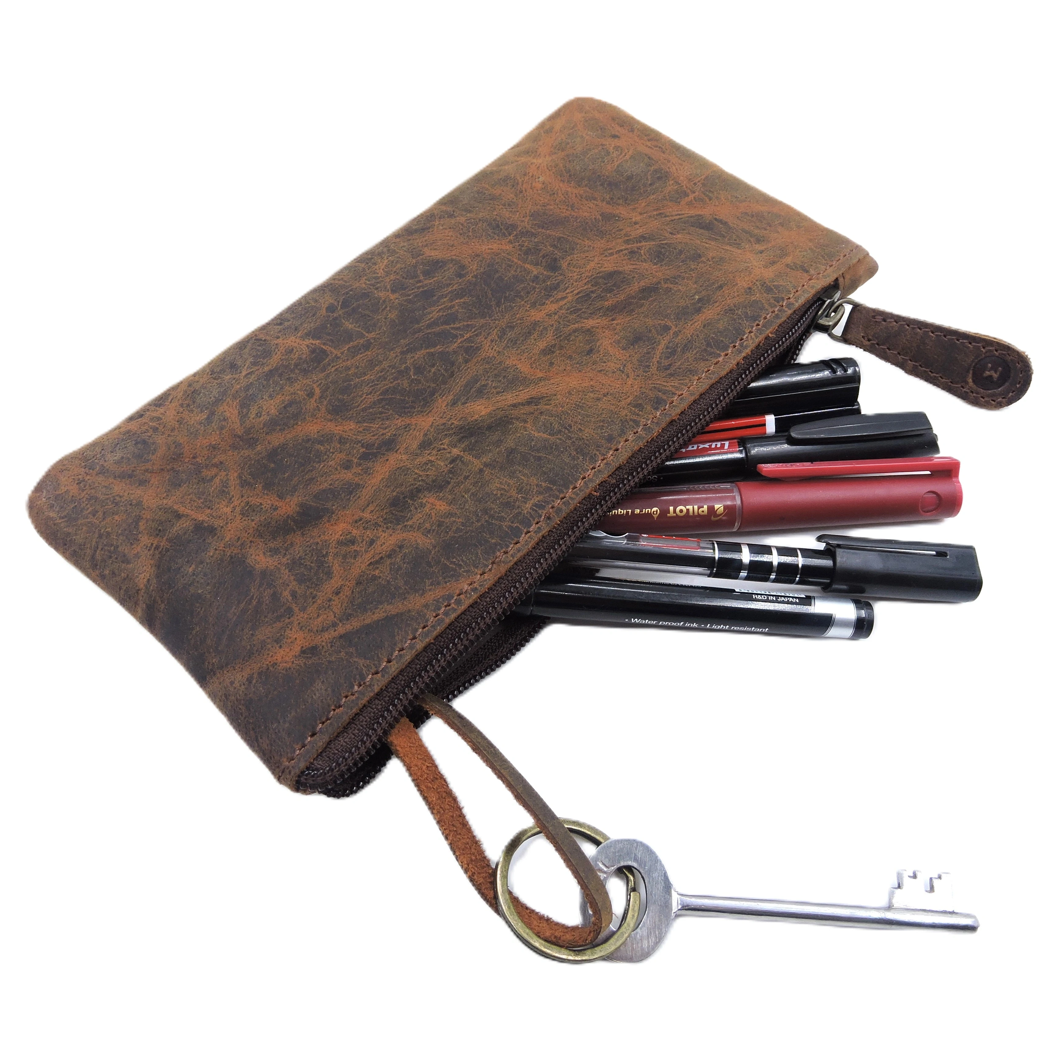 Customised Genuine Vintage Leather Pencil Pouch Multipurpose Utility Personalised Zipper Holder Aesthetic Bag by Manufacturer