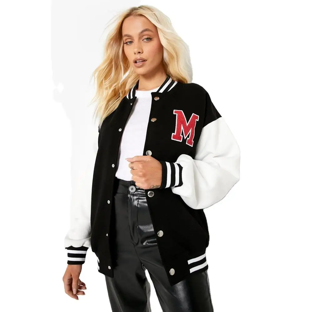 Wholesale Custom 2024 Women Striped Patchwork Crop Baseball Jackets Long Sleeve Varsity Single Button Jacket