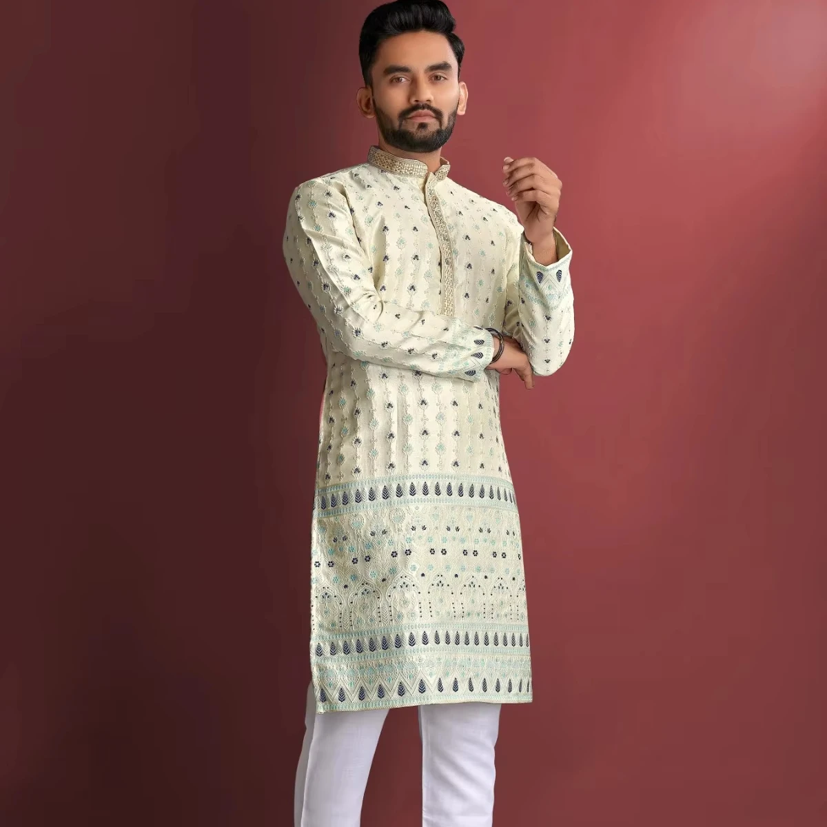 Традиционный мужской длинный хлопковый пижамный комплект Kurta готовый к свадьбе с застежкой на пуговицах большие размеры принтом в повседневном стиле для особых случаев