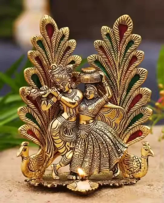 Gold Plated Pankh Design Radha Krishna Statue Handcrafted for Home Decoration Fashion and Weddings Events