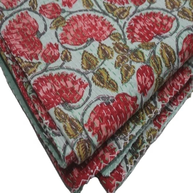 Hand Block Cotton Bedding Bedspread Reversible Twin Blanket Kantha Quilt For Home Decoration