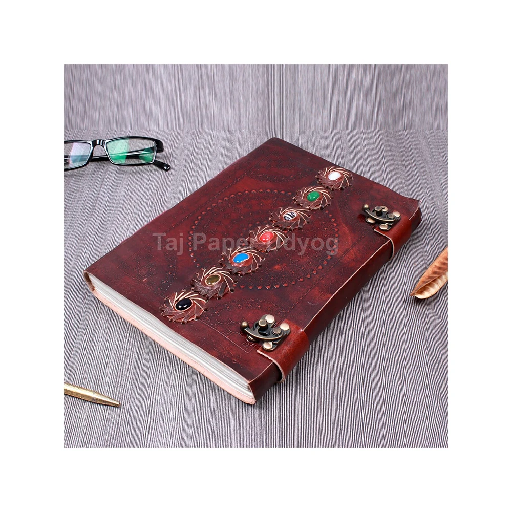 Most Selling Handmade Leather Seven Chakra Stone Journal Antique Travelling Leather Diary At Wholesale Price