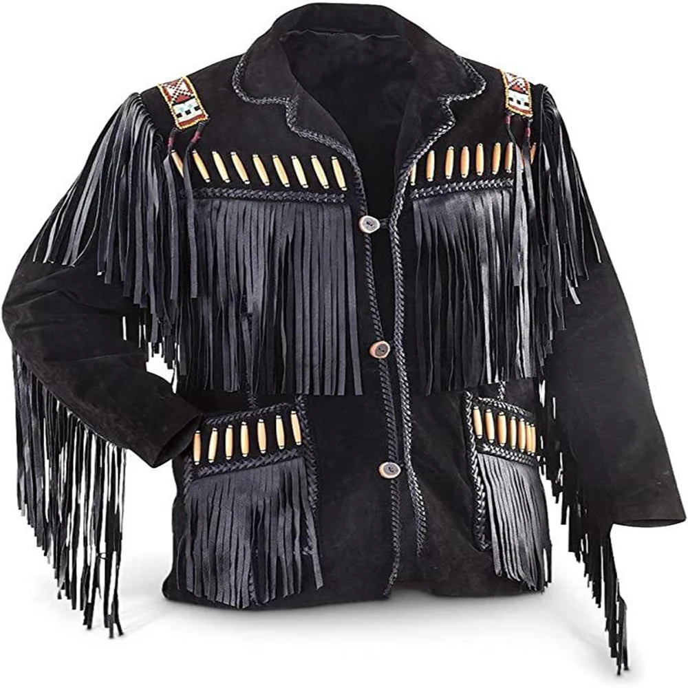 Cheap New Fashion Bones Beads Work Long Fringes Suede Leather men jacket Western Wear Men Cowboy Jacket Coat
