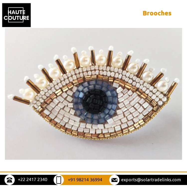 Best Handmade Jewelry Supplier of 7cm Wide Designer Eye Design Patch White Color Hand Embroidered Beaded Brooches for Sale