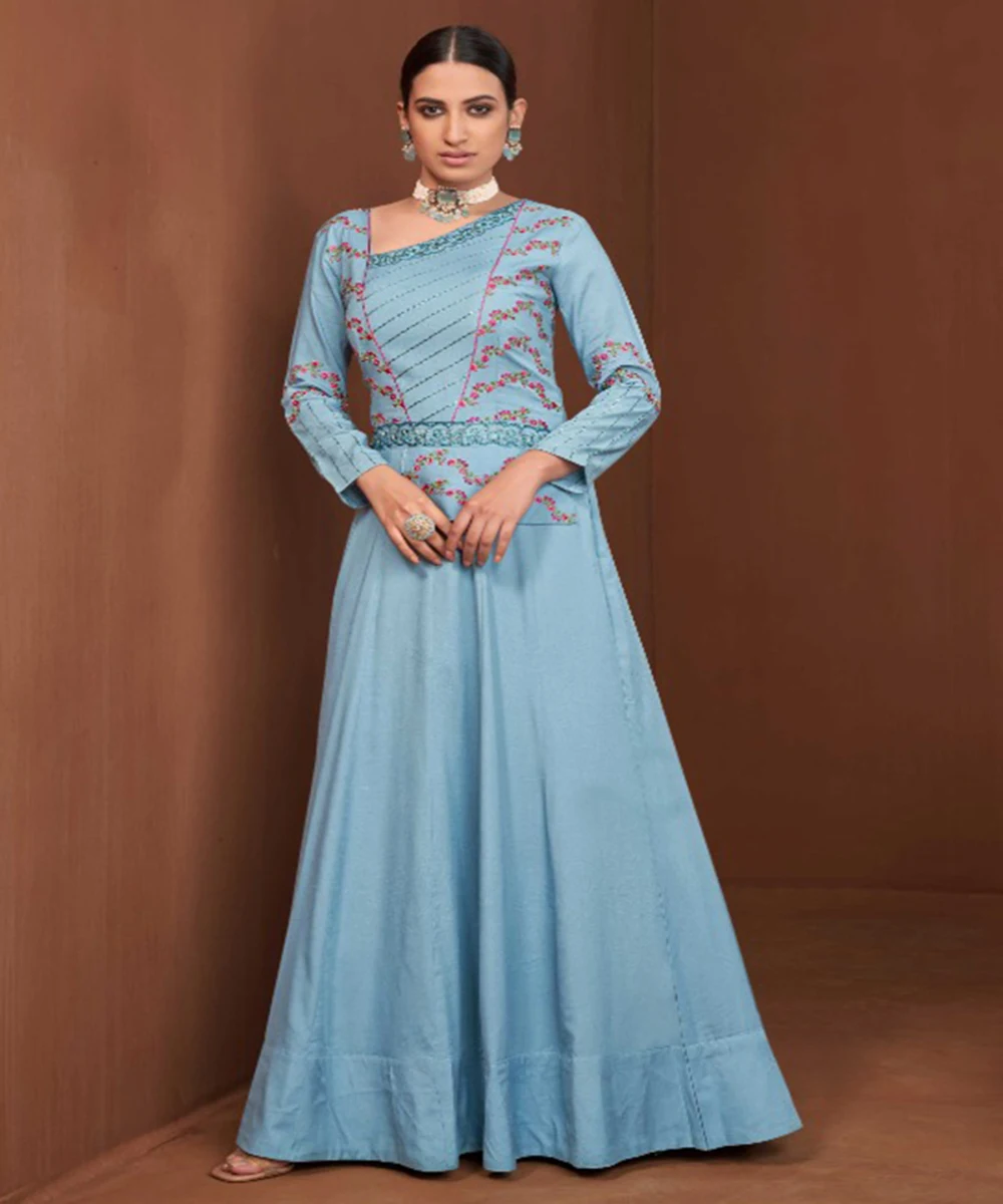 fancy organza embroidery sequence work only gown wedding bride wear ethnic garments wholesale price surat