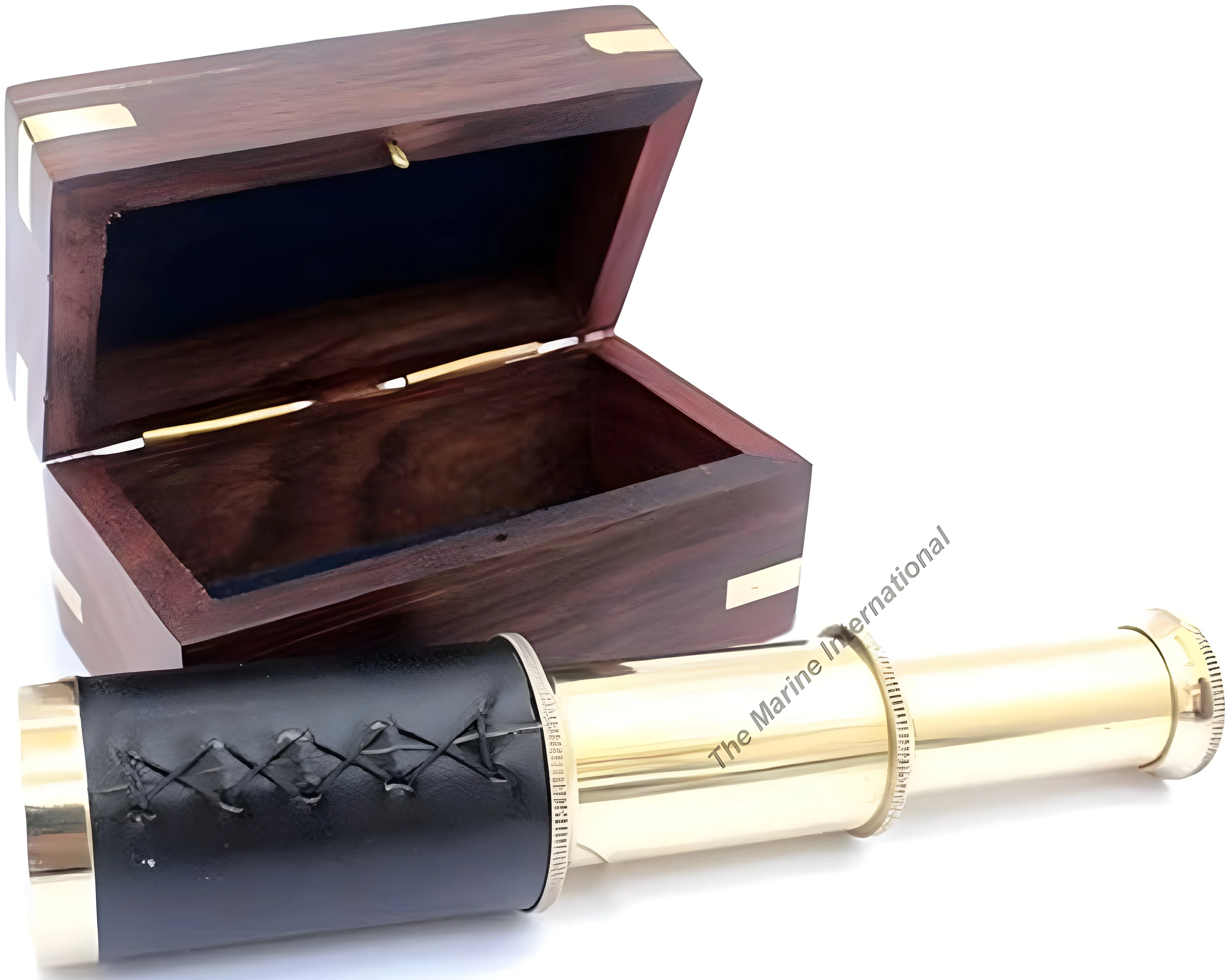 Stylish Handheld Shiny Brass Black Leather Cover Telescope with Wood Box Pirate Navigation Collectible
