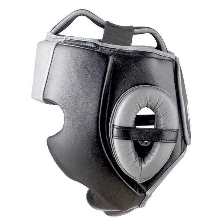 Black Cow Hide Leather OEM Karate Helmet Head Gear Guard Protector Fight Training Head Shield Mask Guard For Taekwondo WKF ITF