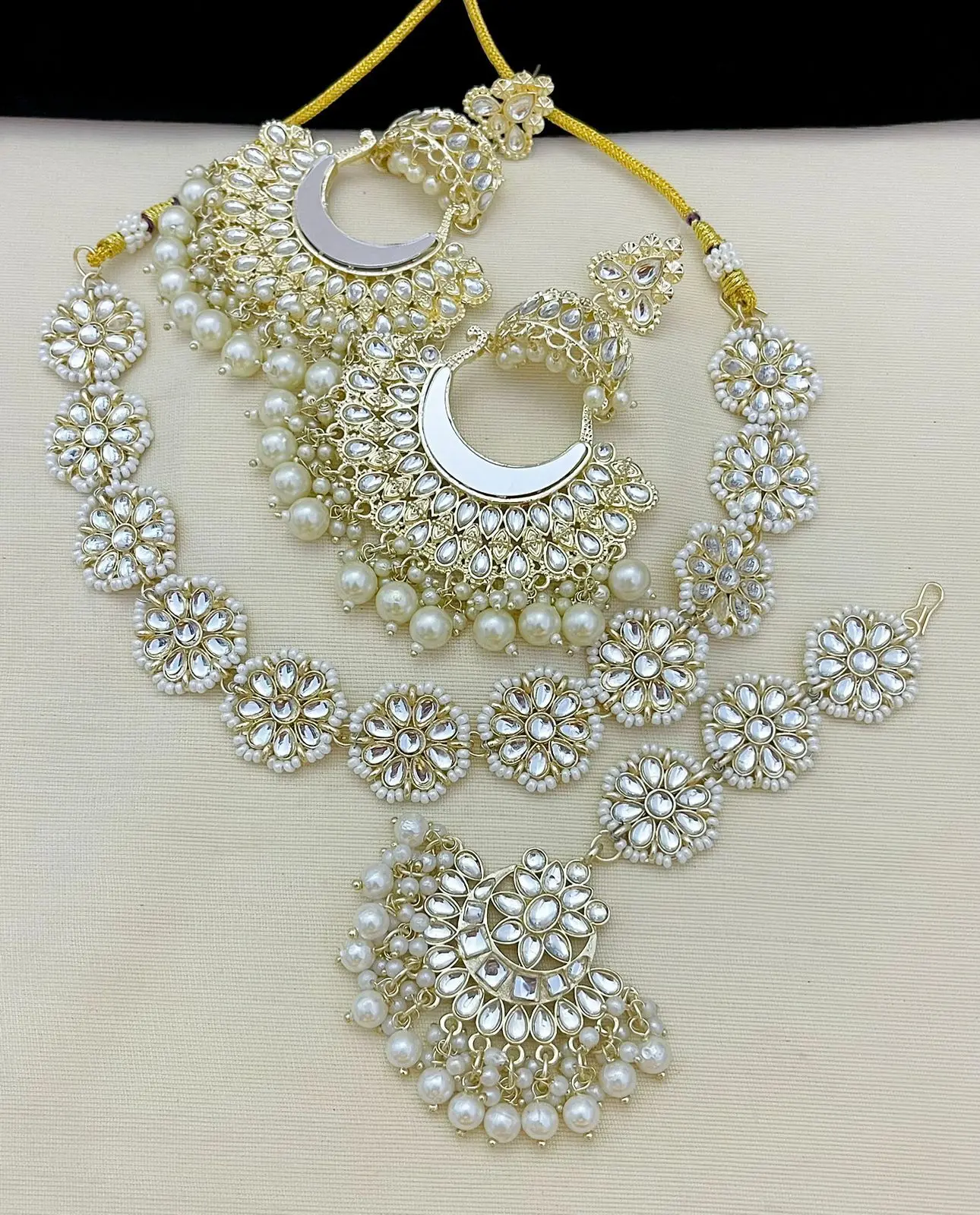 Indian Floral Crystal Kundan Black Pearl Rhinestone Choker Necklace and Earrings Set Plated Wedding Bridal Jewelry Wholesale