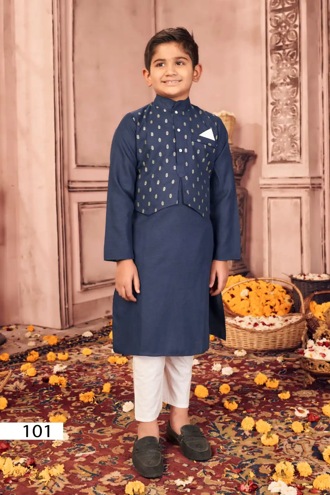 Kids Indian Wedding Wear Set with Cotton Jacket and Green Kurta Pajama