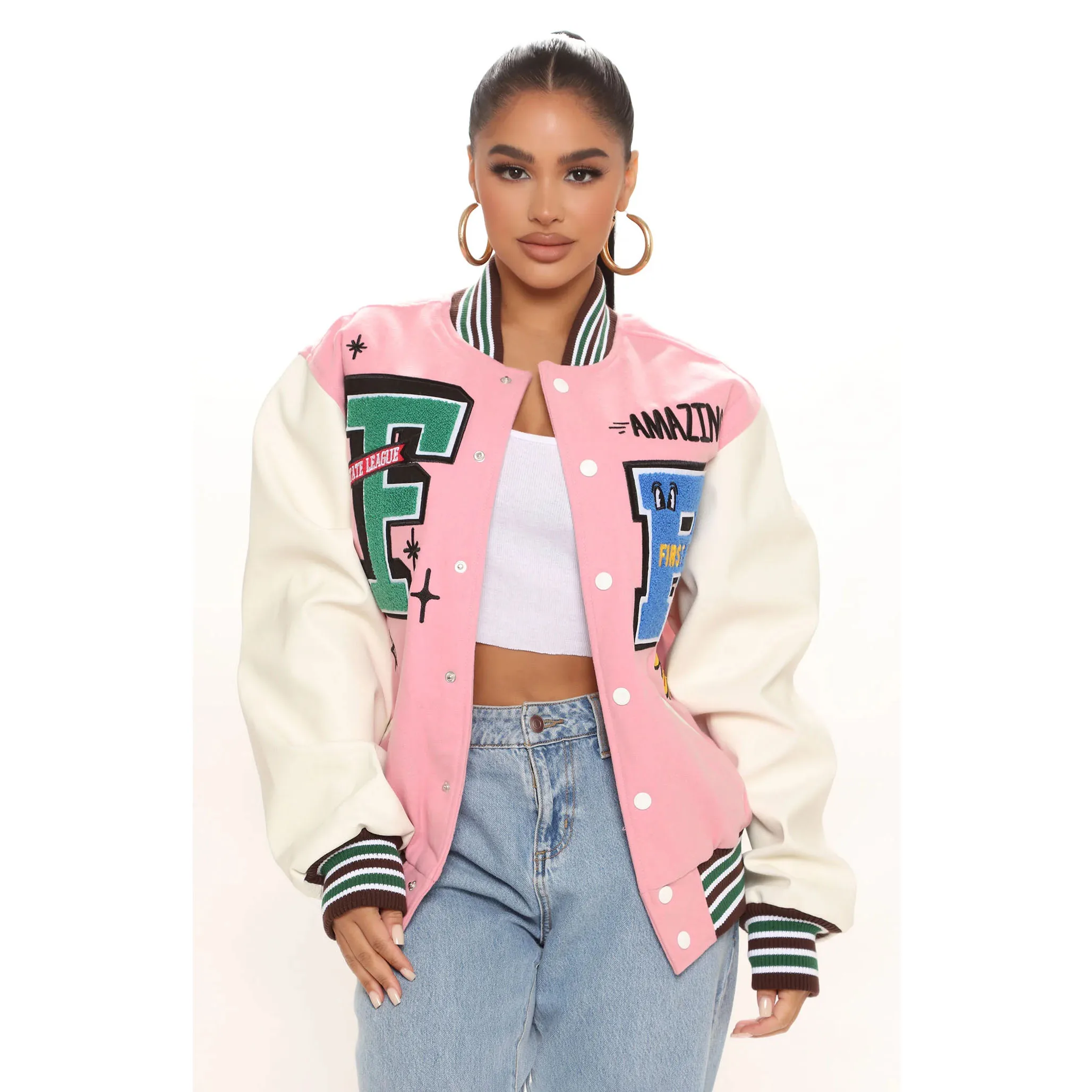 Chenille Embroidery Varsity Jackets For ladies Plus Size Stand Collar Button Closure Street Wear College Girl Jackets