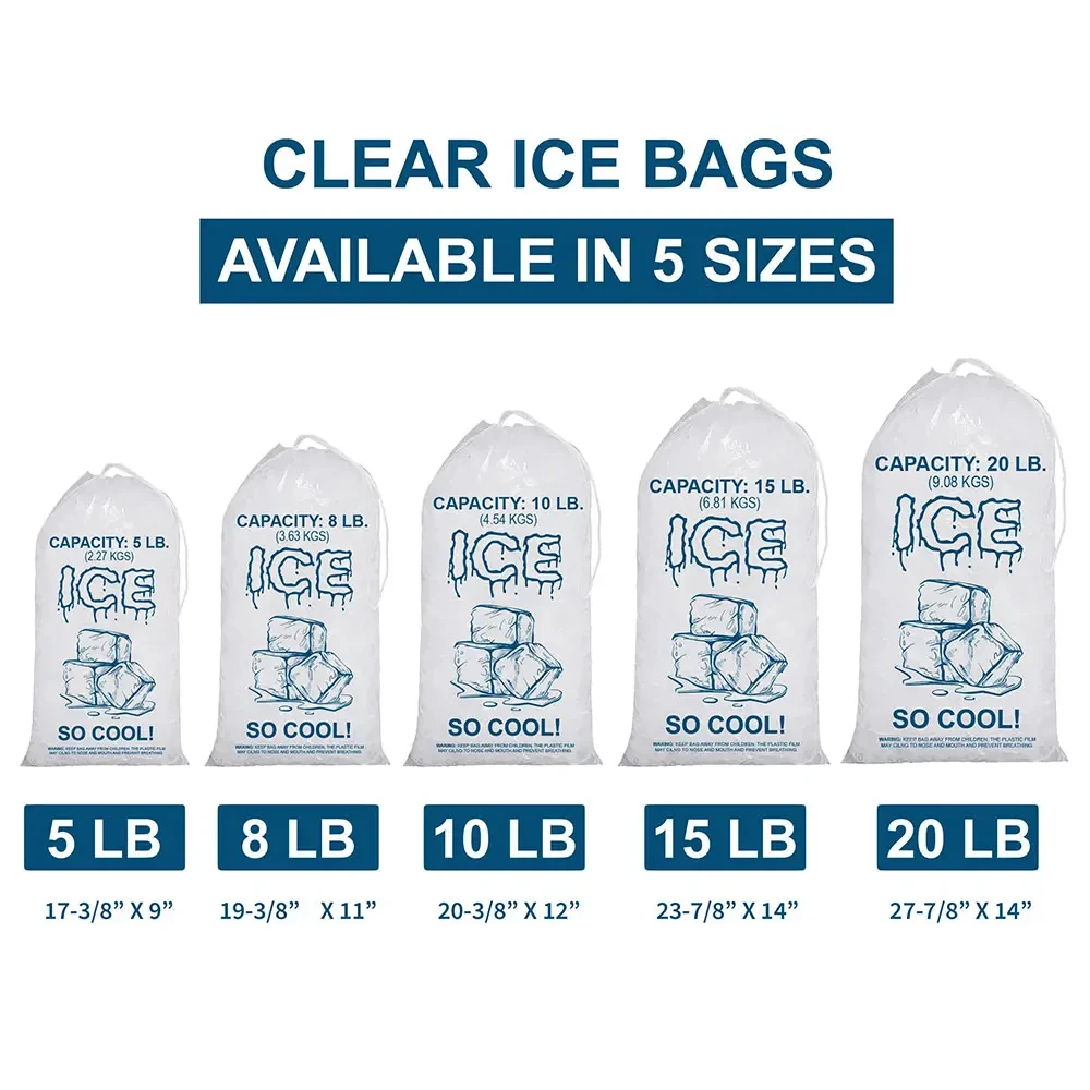 Custom Printed Logo Large Capacity Disposable LDPE 8/10/20 LB Plastic Drawstring Ice Bag