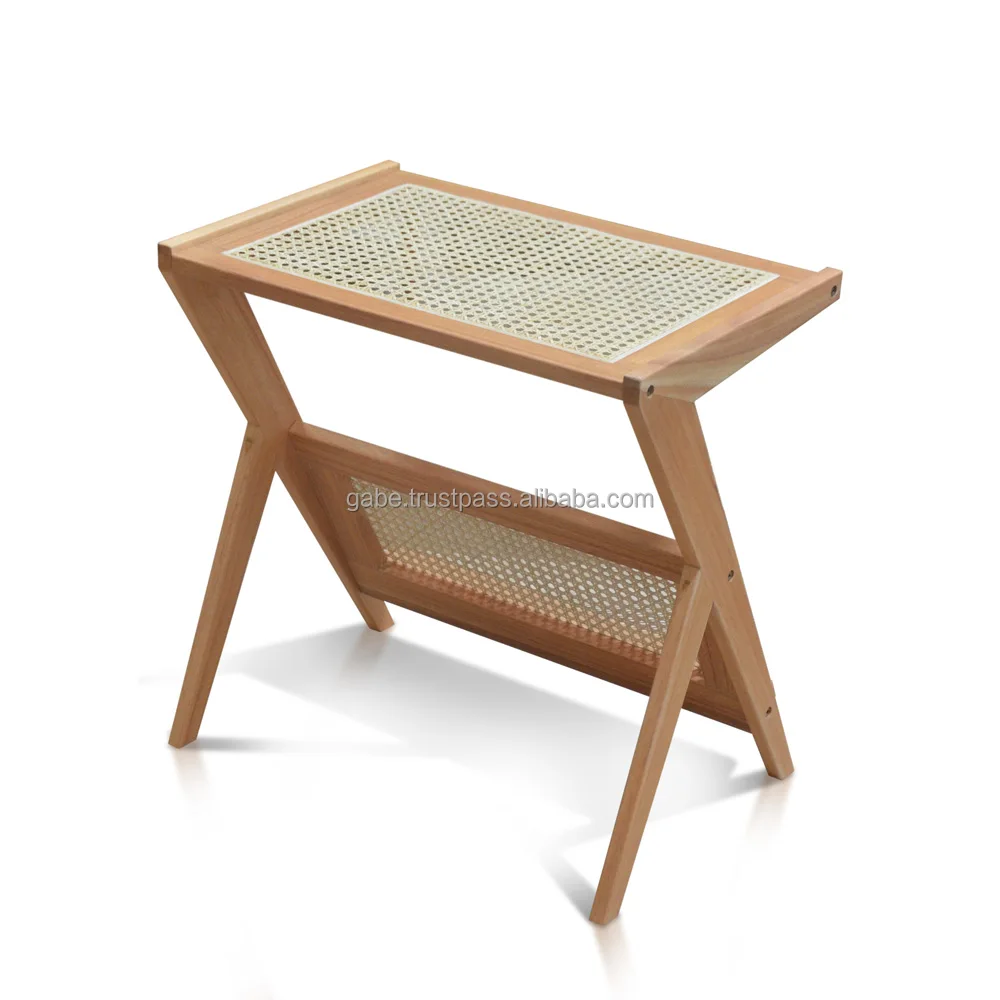 Side Table for laptop stand Mini Solid wood Natural with rattan combination