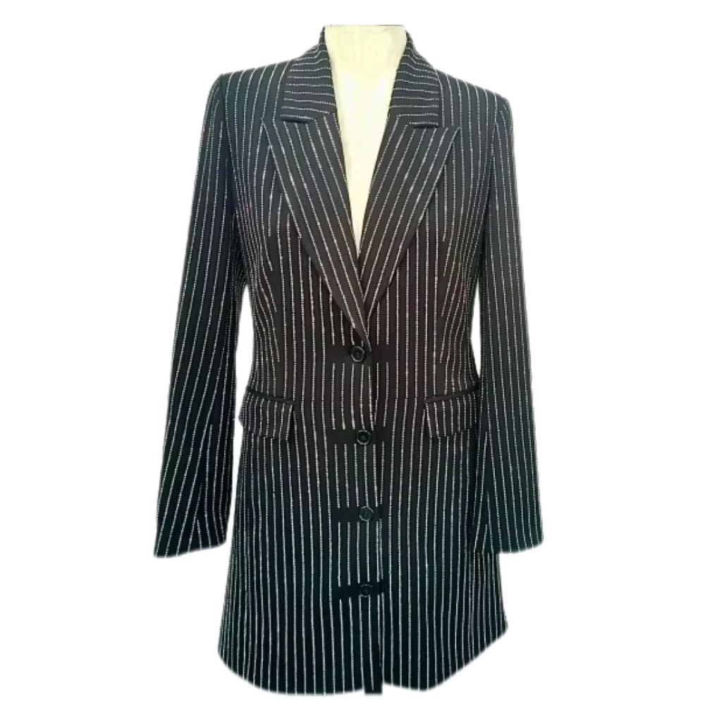 New Slim Professional Suit Dress with Single Button Closure Splicing Stripes Fashion Nonwoven Weaving Method