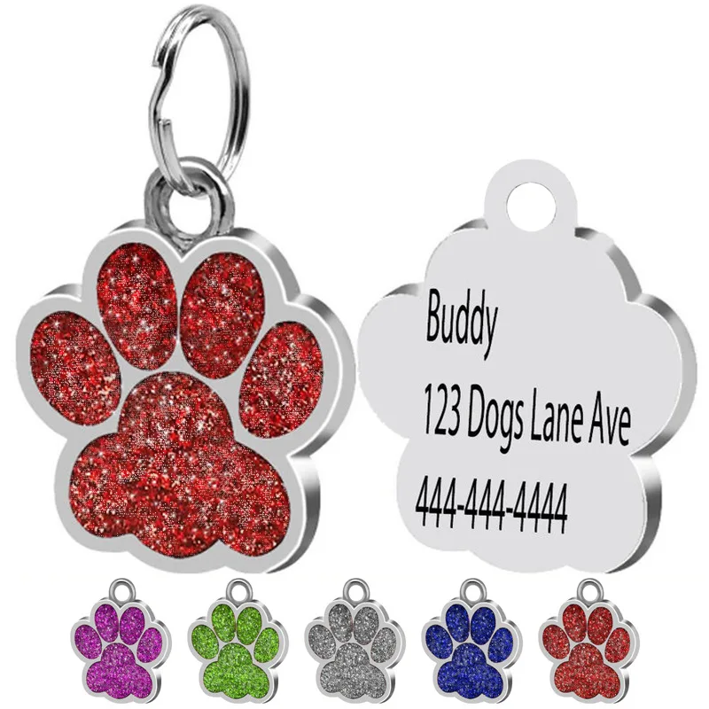 Custom Text Stainless Steel Engraved Dog Tags Cute Glitter Paw Pet ID Dog Tag Sublimation Metal Collar Name Tag Pendant