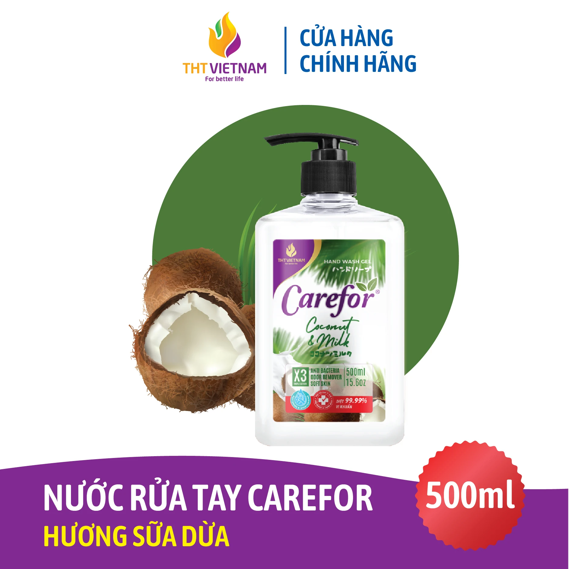 Carefor Green Liquid Hand Soap 500ml Coconut & Milk Moisturizing Sustainable Chemical Handmade Fruit Hand Wash