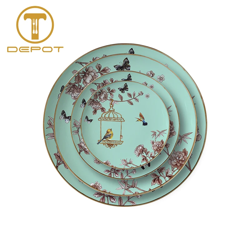 Wholesale Chinese style tableware serving plate bird pattern China dinnerware green plates