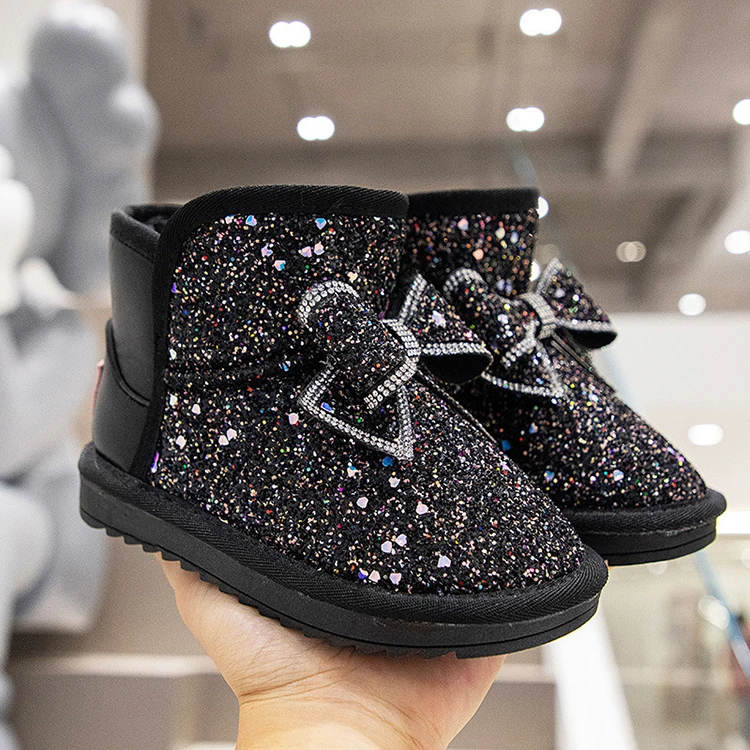 Оптовая продажа от фабрики детские зимние сапоги с блестками и бантом со стразами блестящие розовые высокие ботильоны резиновой стелькой для девочек
